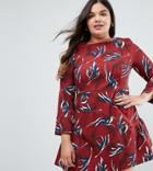 Closet London Plus Fluted Hem Skater Dress In Leaf Floral - Multi