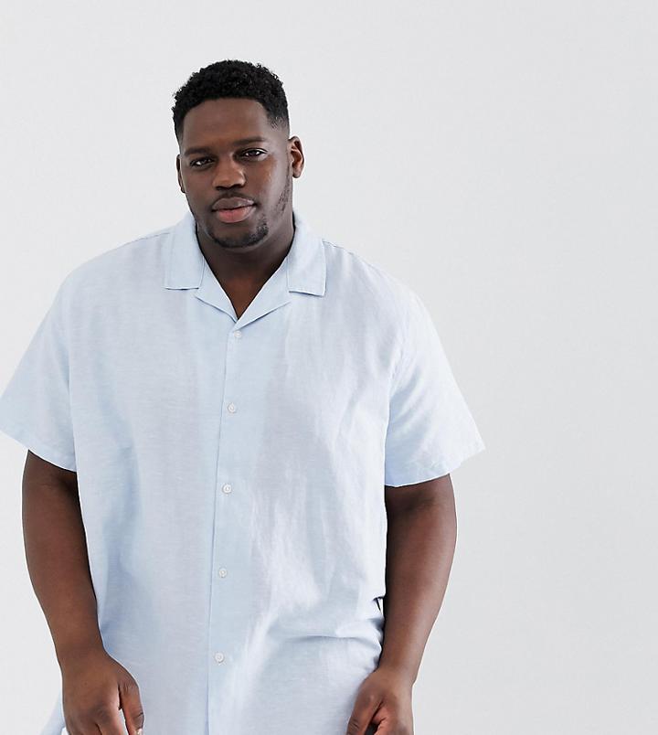 Asos Design Plus Oversized Linen Shirt With Revere Collar In Blue