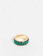Asos Design Ring With Green Baguette Crystal Stones In Gold Tone