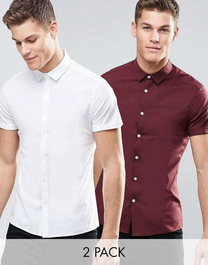 Asos Skinny Shirt In White And Burgundy With Short Sleeves 2 Pack Save 15%