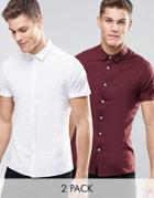 Asos Skinny Shirt In White And Burgundy With Short Sleeves 2 Pack Save 15%