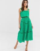 Asos Design Broderie Cami Midi Prom Dress With Lace Inserts - Green