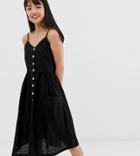 Brave Soul Petite Leah Midi Dress With Button Front - Black