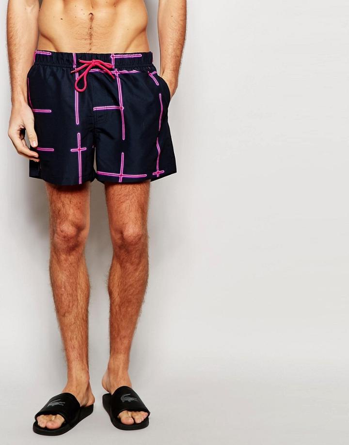 Asos Short Length Swim Shorts With Neon Grid Check - Black