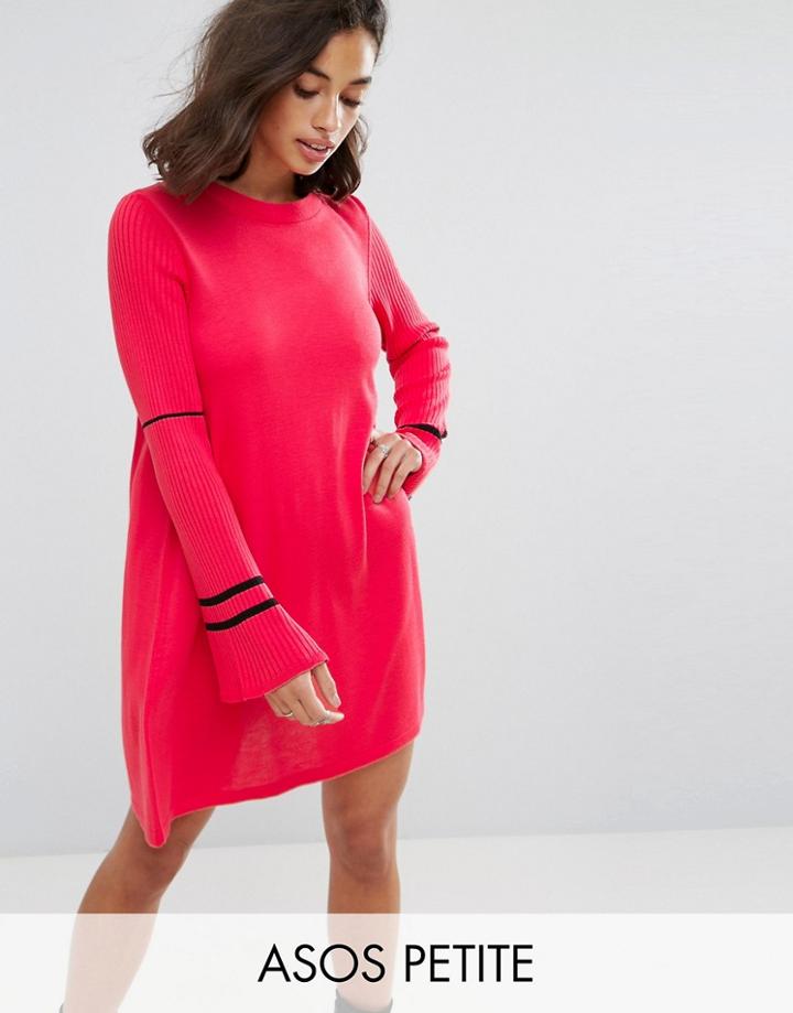 Asos Petite Knitted Dress With Fluted Sleeves And Sports Tipping - Pink