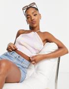 Pieces Satin Halterneck Tie Back Top In Lilac Marble Print-purple