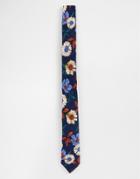 Asos Design Slim Tie In Navy Floral Pattern - Navy