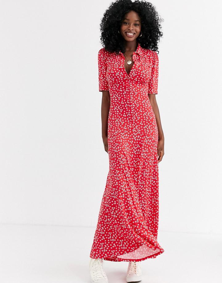 Asos Design Short Sleeve Shirt Maxi Dress In Ditsy Print