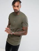 Asos Longline Muscle T-shirt With Curved Hem In Waffle In Khaki - Green