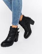 London Rebel Multi Strap Chunky Heeled Ankle Boots - Black Pu