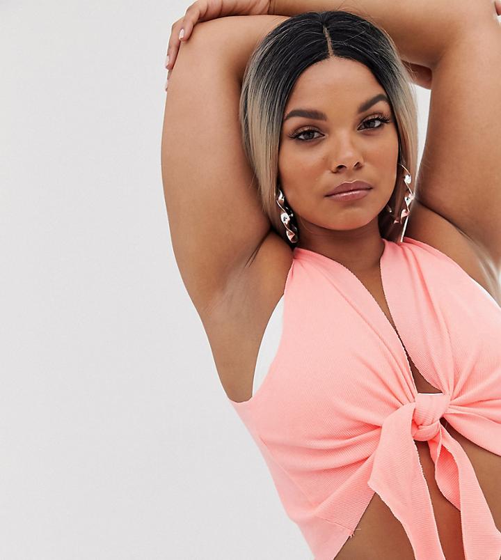 Asos Design Curve Faded Fluro Peach Tie Front Jersey Rib Beach Crop Top Two-piece - Orange