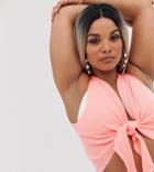 Asos Design Curve Faded Fluro Peach Tie Front Jersey Rib Beach Crop Top Two-piece - Orange