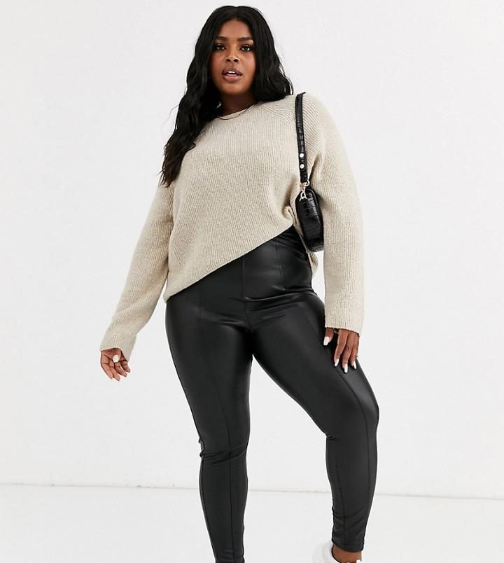 New Look Curve Leather Look Leggings In Black