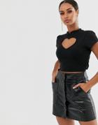 Asos Design Mandarin Collar Top With Heart Cut Out In Black - Black