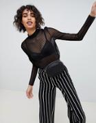 Pieces Roll Neck Long Sleeved Mesh Top - Black