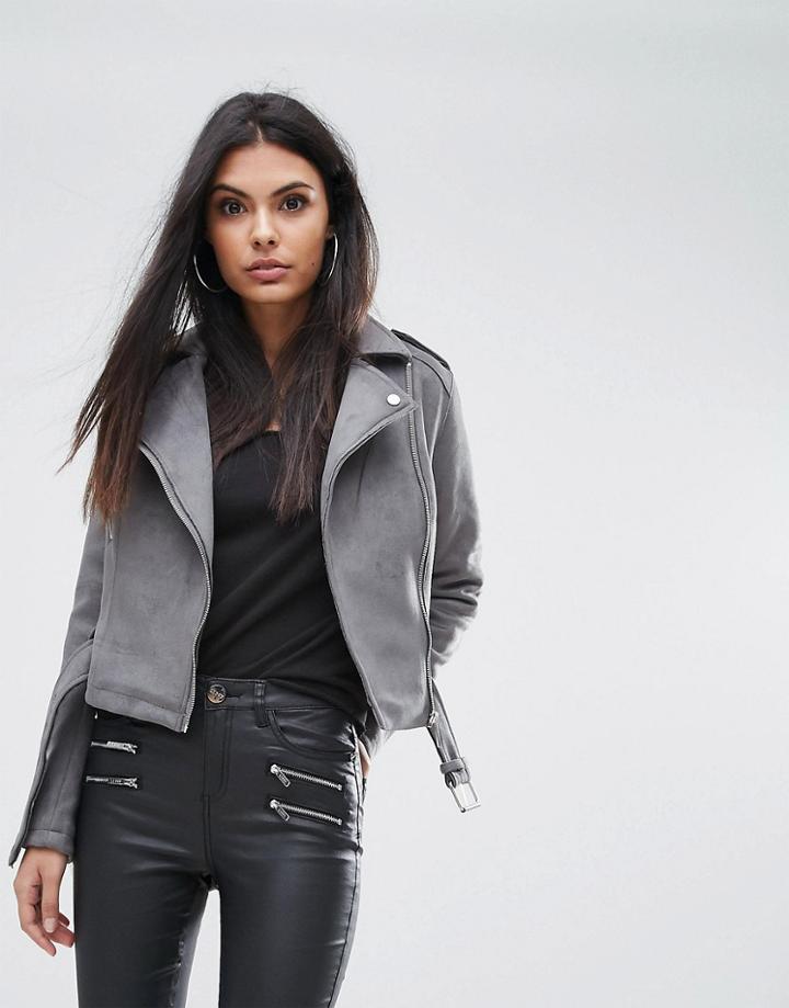 Lipsy Bonded Suedette Biker Jacket - Gray