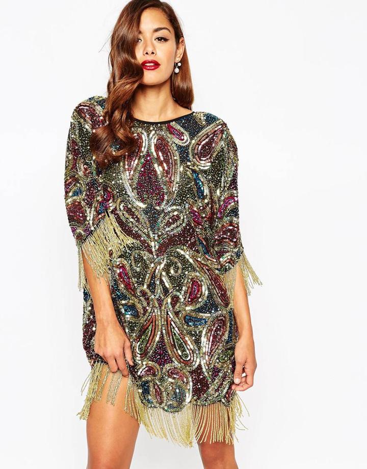 Asos Red Carpet Paisley Embellished T Shirt Mini Dress With Fringe Sleeves - Multi