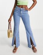 Bershka Slit Front Jeans In Light Blue