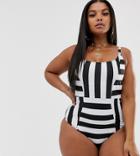 Wolf & Whistle Curve Exclusive Eco Stripe Swimsuit In Black & White - Black