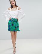 River Island Floral Print Ruffle Front Wrap Skirt-green