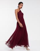 Asos Design One Shoulder Tulle Wired Hem Maxi Dress In Oxblood