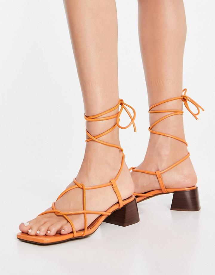 Asos Design Holden Premium Leather Tie Leg Heeled Sandals In Apricot-orange