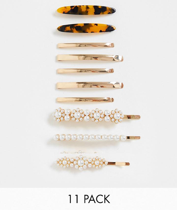 Asos Design Pack Of 11 Hair Clips In Mixed Tortoiseshell Pearl And Metal Designs-multi