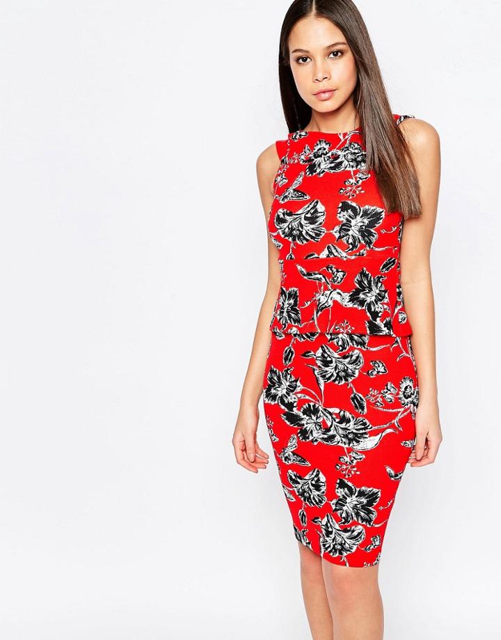 Vesper Yasmin Printed Pencil Dress With Peplum - Red