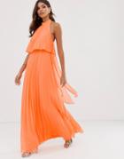 Asos Design Halter Tie Neck Maxi Dress In Pleat-orange