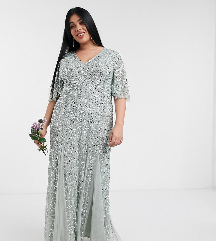 Maya Plus Plunge Front Flutter Sleeve Delicate Sequin Maxi Dress In Sage Green