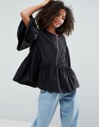 Asos Premium Smock Top With Oversized Ring Pull - Black