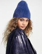 Weekday Doris Recycled Fluffy Ribbed Beanie In Navy