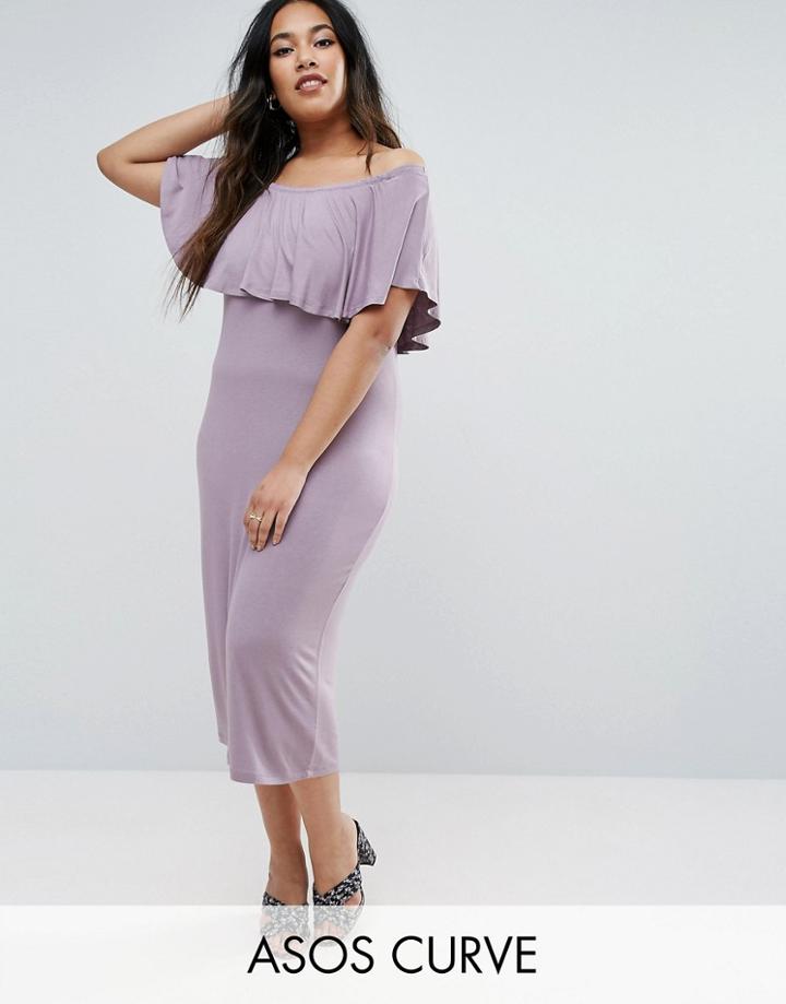 Asos Curve Ruffle Off Shoulder Bardot Pencil Midi Dress - Purple