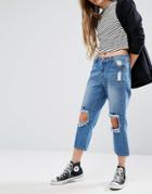 Daisy Street Distressed Jeans With Embroidered Knee - Blue