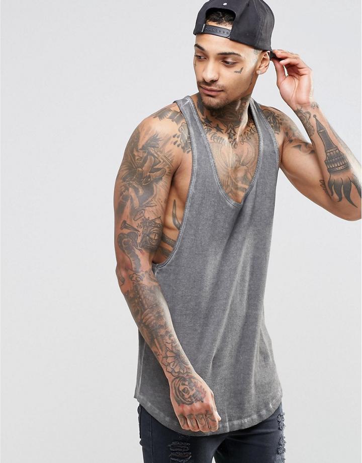 Asos Oil Wash Rib Tank With Extreme Racer Back In Gray - Gray