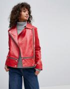 Neon Rose Faux Leather Zip Hem Biker Jacket - Red