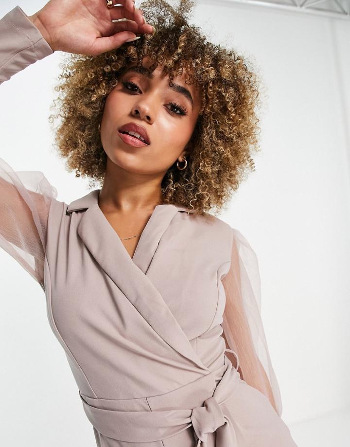 Ax Paris Puff Sleeve Romper In Mushroom-neutral