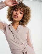 Ax Paris Puff Sleeve Romper In Mushroom-neutral