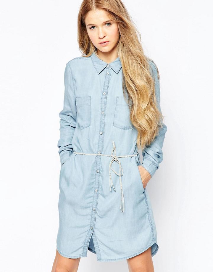 Only Denim Dress With Belt Detail - Blue