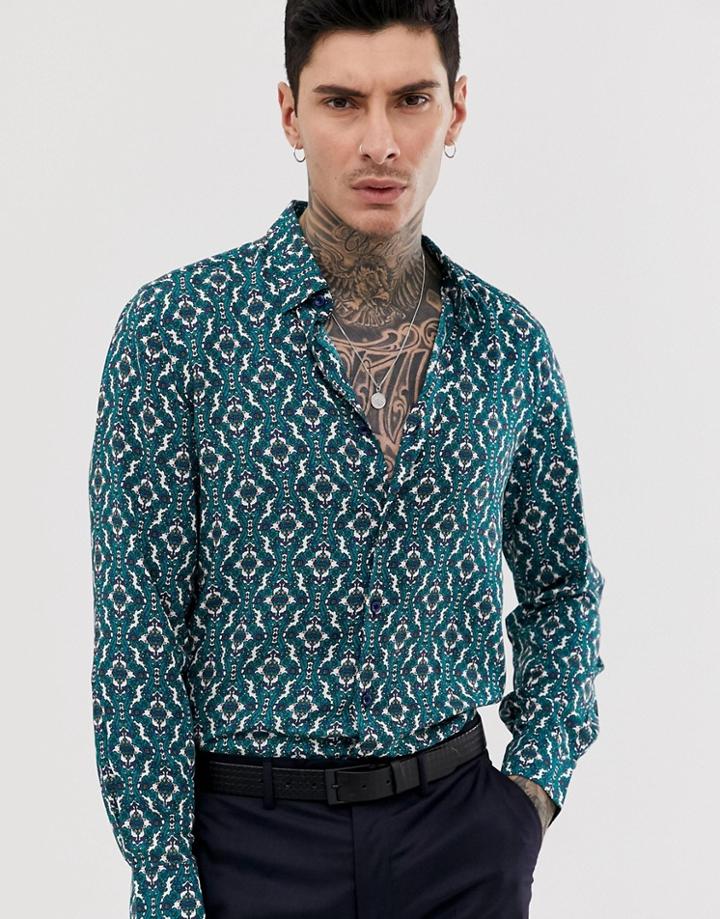 Devils Advocate Slim Fit Viscose Print Soft Long Sleeve Shirt - Green