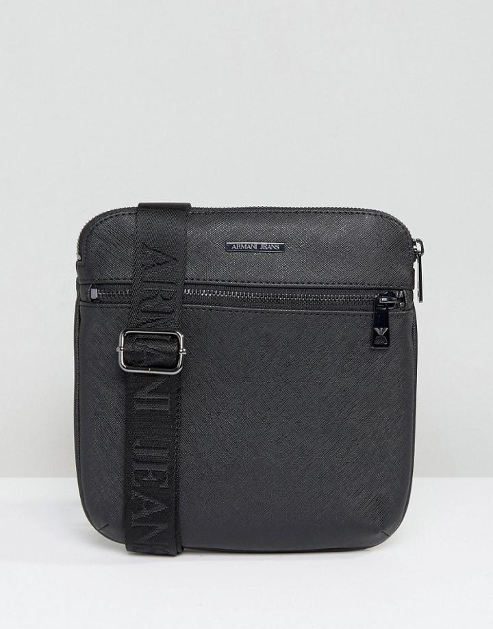 Armani Jeans Flight Bag In Safiano Faux Leather - Black