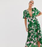 Missguided Plunge Wrap Front Midi Dress In Green Tropical Palm Print - Multi
