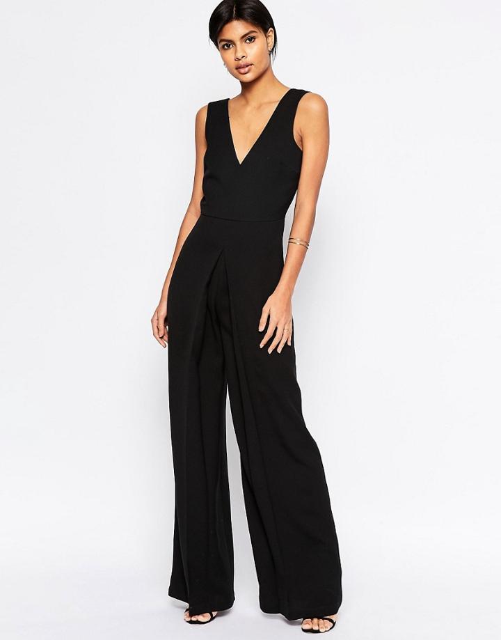Asos V Neck Jumpsuit In Wide Leg With Pleat - Black