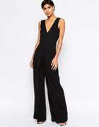 Asos V Neck Jumpsuit In Wide Leg With Pleat - Black