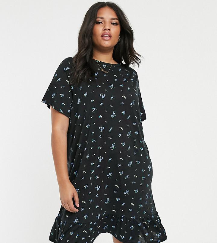 Daisy Street Plus Mini Shift Dress With Peplum Hem In Vintage Ditsy Floral-black