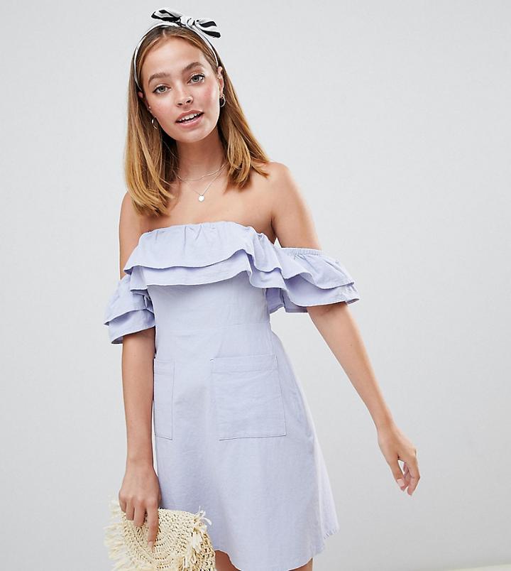 Asos Design Petite Ruffle Off Shoulder Mini Sundress - Blue