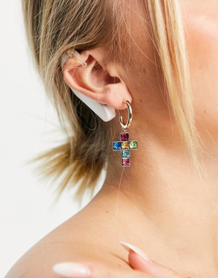 Topshop Cross Drop Earrings In Rainbow Crystal-gold