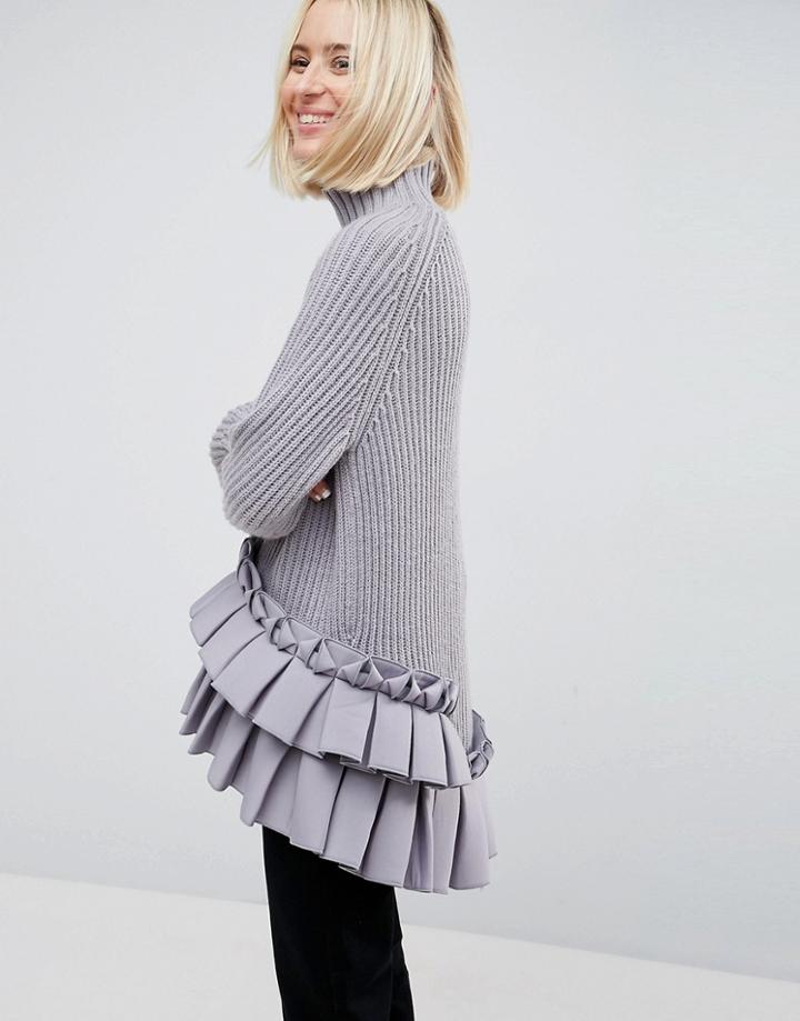 Asos White Woven Pleat Hem Roll Neck Sweater - Multi