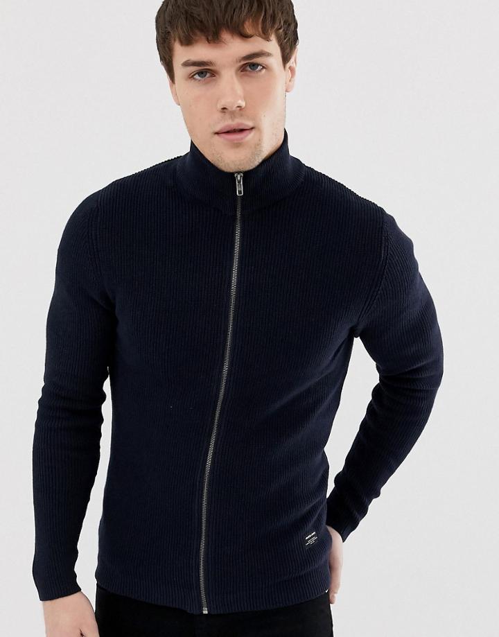 Jack And Jones Essentials Ribbed Zipped Cardigan - Navy
