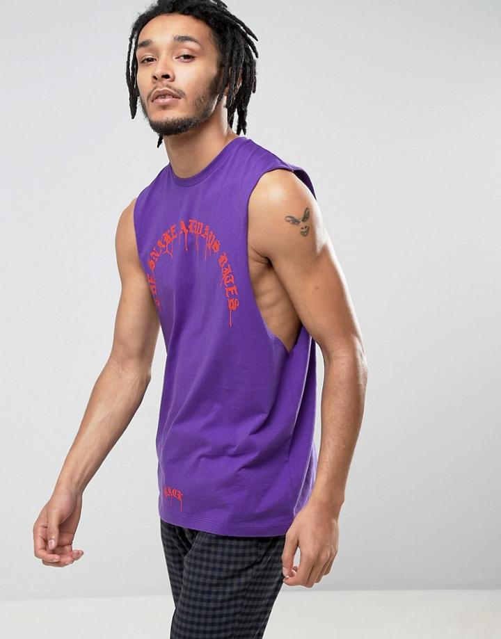 Asos Sleeveless T-shirt With Dropped Armhole And Drip Gothic Text - Purple
